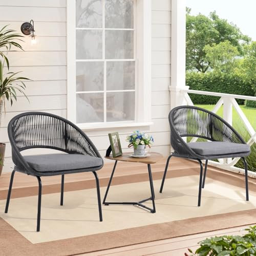 Yangming Set di mobili da patio, set di 3 sedie da bistrot da esterno, in corda intrecciata con tavolino in legno, per cortile, cortile, prato, giardino, portico, cortile, terrazza, balcone a bordo