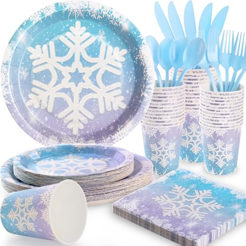 175PCS Snowflake Frozen Birthday Party Supplies, Winter Frozen Plates and Napkins Sets, Disposable Frozen Paper Plates for Birthday Christmas Winter Holiday New Year Party Decorations, Serves 25