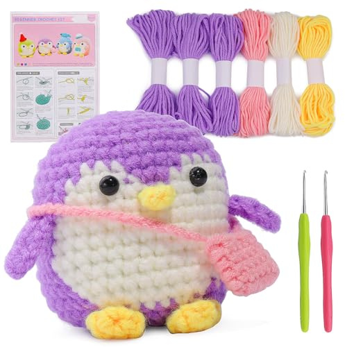 WHENZOO Crochet Animal Kit - Cute Penguin Crochet Starter Kit for Adults and Kids, DIY Knitting Kit, Starter Pack for Beginners, Adults, Kids Step-by-Step Instructions and Video Tutorials (Purple)