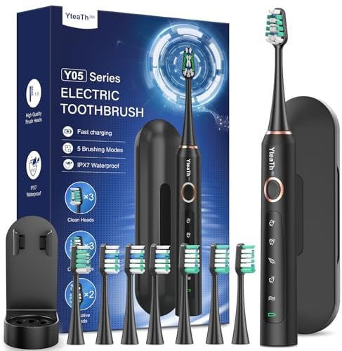 Brosse À Dent Électrique Soniques pour Adultes - Brosse A Dent Sonique avec 8 Têtes de Brosse et Étui de Voyage, 5 Modes, Étanche IPX7, Brosse A Dent Electrique de Voyage Rechargeable, Noir