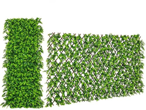 ZOAPDEBCE Künstliche Blätter Hecke Paneele Hecke Wand Paneel Künstlicher Eukalyptus-Sichtschutzzaun, erweiterbarer Heckenzaun mit echtem Weidenrahmen(Green)