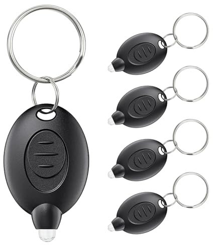 PEAKGEAR Pack of 5 LED torch, mini LED, keyring, key fob, light, 12 lumens, portable, ultra-bright, battery-operated keyring, flashlight, black housing