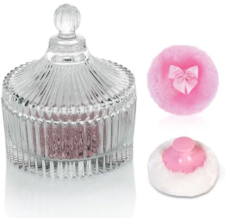 Boîte à houppette en verre pour le corps - 10,2 cm avec 2 houppettes douces (9,1 cm et 8,1 cm) - Idéal pour poudre corporelle, talc ou paillettes - Cadeau élégant pour femme - Rangement multi-usage