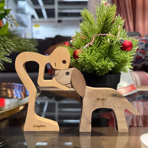 BILYSKEP Personalisierte Holzfigur Mann und Hund, Schnitzstatue, handgefertigter Holzhund, einzigartiges Geschenk für Hundeliebhaber, Holzskulpturen, handgefertigte Akzente, Bastelfigur für