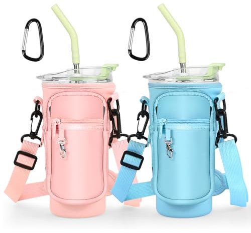 Gerbala 2 Pcs Sac pour Bouteille d'eau pour Tasse Stanley, Support de Bouteille d'eau pour Stanley Quencher Tumbler 40 oz, Stanley Cup Accessoires Sac de Transport pour Stanley Cup Bleu + Rose