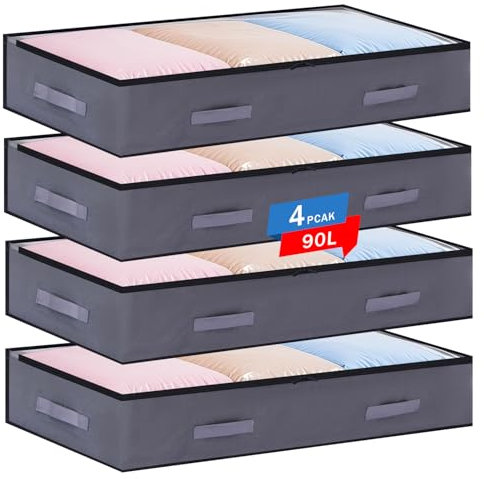 Boic 4 Piezas Bolsas Almacenaje Ropa Debajo De La Cama, 90L Plegable Almacenaje Bajo Cama Con Asa Reforzada Caja De Almacenamiento Gran Capacidad Organizador Armario Para Edredón, Manta Zapatero