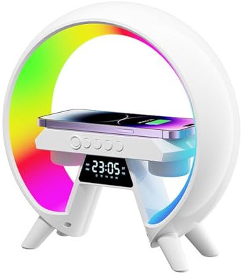 AVEKI LED Table Lamp with Wireless Charger, Smart Digital Alarm Clock with Bluetooth Speaker, USB Charging RGB Smart Wake Up Light, Multifunctional Wireless Audio with Clock (White)