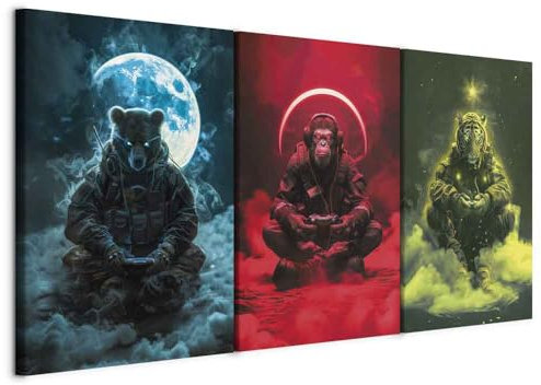 murando - Wandbilder Set 3 tlg Wanddeko Collage 3er 180x90 cm (je 60x90 cm) – Leinwandbild Wohnzimmer Schlafzimmer - Spielfiguren - Militärbär, Schimpanse Tiger, umgeben vom Mond a-H-10094-b-a
