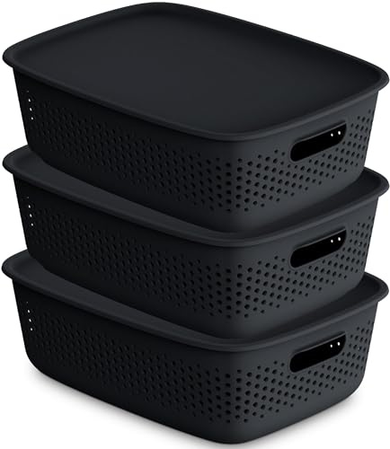 EDANTI 3x Aufbewahrungsbox mit Deckel 3er-Set 10L Organizer Kunststoff Behälter Durchbrochener Container Stylisch Modische Kleiderboxen Stapelbar Box Plastik (Anthrazit)