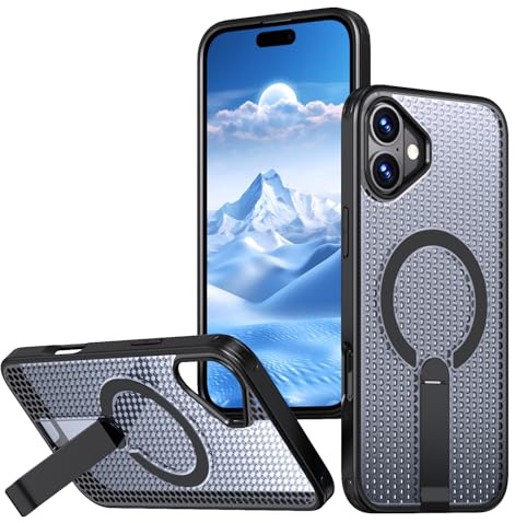 Dqtaoply Wärmeableitungs Hülle für iPhone 16, Stoßfest Kratzfest Matt Handyhülle mit Ständer [Atmungsaktive Heat Dissipation] mit Magnetic Schutzhülle für iPhone 16 - Schwarz