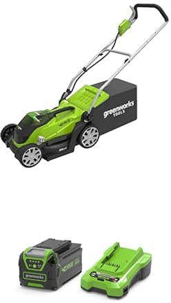 40V Akku-Rasenmäher Greenworks kabellos für Gärten bis zu 500 m² G40LM35, Schnittbreite 35 cm, 3 Jahre Garantie mit 40V 5Ah Akku & 2A Universal Ladegerät Kit GSK40B4