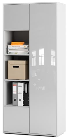 SIMPLYFURN Büroschrank Amira T30, Weiß/Weiß Hochglanz, 181x80x40 cm | 3 offene Fächer, Push-to-Open, Aktenschrank und Mehrzweckschrank für Homeoffice