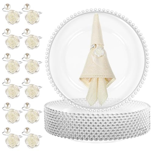 Tioncy 12 transparente Platzteller mit Serviettenringen, 33 cm, Kunststoff, runde Platzteller mit Perlenrand, Esstischdekoration für Weihnachten, Urlaub, Party, Hochzeit, Tischdekoration (Rose, Silber