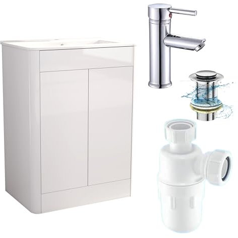 BELOFAY Vanity Unit with Basin | 600mm Floor Standing Bathroom Vanity Unit with Basin | High Gloss White | Push to Open Doors with 1 Tap Hole, Trap & Waste, Tap not included (Edison White)