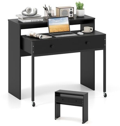 COSTWAY Bureau Extensible, Table d'Ordinateur Gain de Place avec Tiroirs, Bureau Console en Bois Compacte avec roulettes pour Salon, Chambre (Noir)