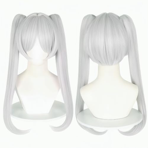Peluca Grises para Mujer con Orejas de Elfo Gorro de Peluca, Largas Gray Pelucas con Coletas Fiesta de Juegos de Rol Halloween Carnaval Film Cosplay Cumpleaños Fiesta Natale