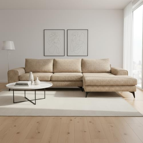 Abakus Direct | Venice Corner Sofa – Modern L-Shaped Sofa with Basket Weave Fabric, Scatter Back Cushions, Left or Right Hand Facing – Available in 9 Colours (Beige, Right Hand Facing)