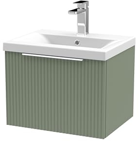 Balterley Vanity Unit with Basin Wall Hung, Single Drawer Soft Close with Mid Edge Sink and Handle, Bathroom Vanity Units with Basin, Fluted Front Sink Cabinet - 510 x 390 x 399mm (Green)