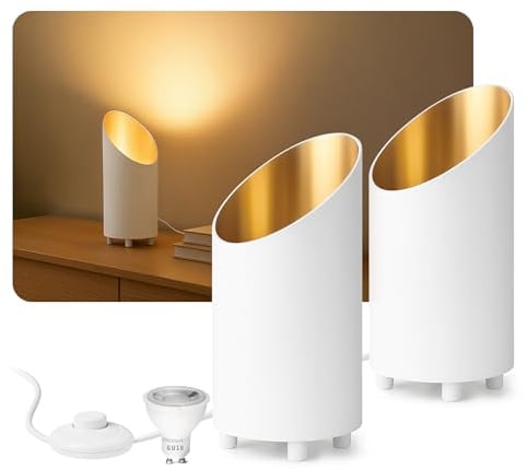 SSC-LUXon 2x Bodenlampe AUREVA weiß gold Aluminium – mit fourSTEP GU10 5W warmweiß dimmen ohne Dimmer – kleine Stehlampe für Wohn- & Schlafräume