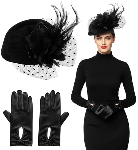 DqiUnaX 3er Set Retro Hüte Mit Handschuhen, Elegante Hüte Für Damen, Schwarz Hut 20er Jahre Damen, Halloween Hut damen, 16 x 4,5 x 14,5 cm