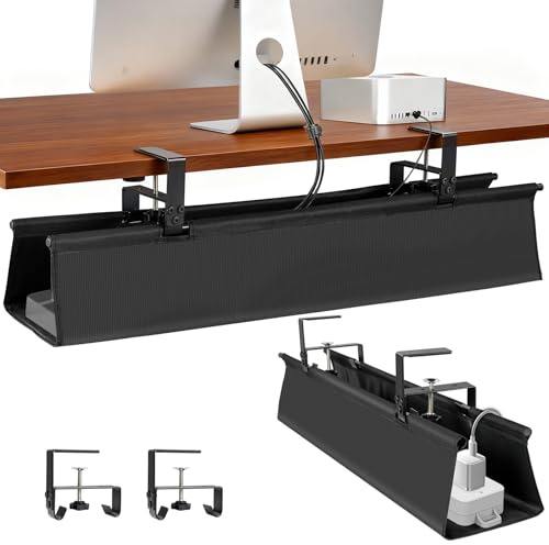 Under Desk Cable Management Tray,35 No Drill Desk Cable Tidy Tray,Side Opening Design,Clamp/Screw Mount,Premium Fabric Wire Management Cord Organiser for Office/Home
