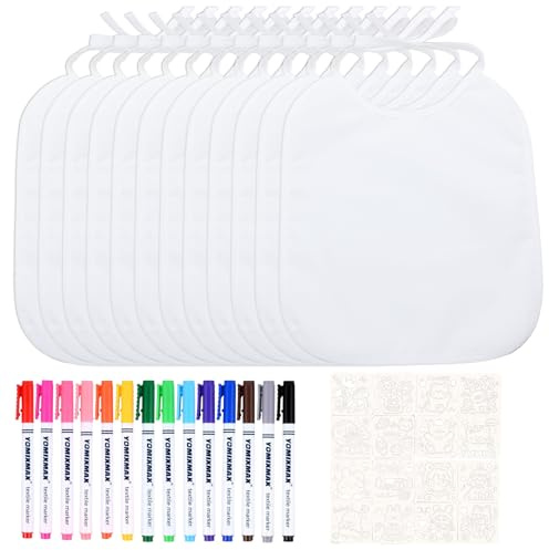 Tbintul 12 Stück Baby Lätzchen zum Bemalen,20 * 24cm Weiß Lätzchen zum Bemalen mit 14 Farbigem Textilstift und 16 Malen Schablonen,Weiß Baumwolllätzchen für Babyparty Babyshower