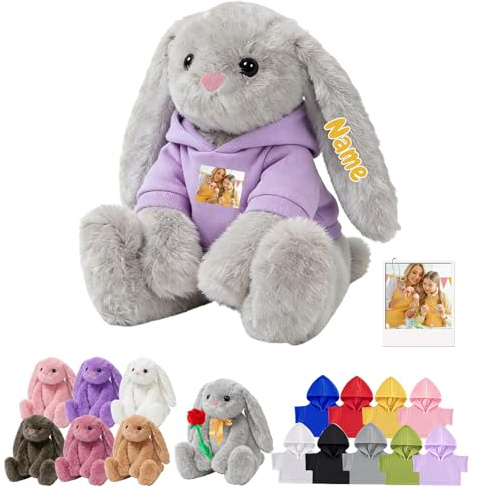 DRAJOIN Personalisierter Plüschhase Mit Text Foto, Maßgeschneidertes Hasen Stofftier Als Erste Ostergeschenke Für Jungen Und Mädchen Zu Ostern Und Geburtstag, 25cm