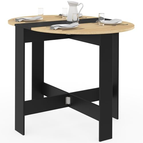 IDMarket – Mesa de consola plegable redonda EDI 2-4 personas, madera, color negro, bandeja de haya, 103 x 76 cm