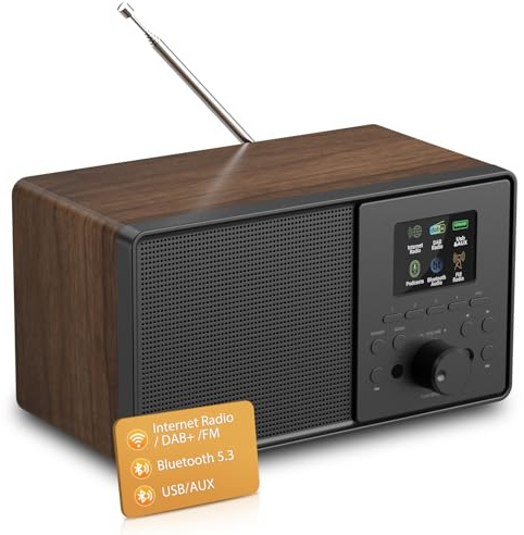 Internet Radio DAB+ & FM, WiFi Radio with Bluetooth 5.3, Podcasts, USB & AUX, 4 Presets & 150 Favourites, EQ Sound Modes, Alarm Clock, Remote Control, 2.4 Colour Display, Compact Home Radio - Black
