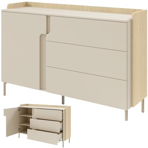 Beautysofa24 POSITIVO Sideboard 143x95x42 cm, Kommode mit 3 Schubladen und 1 Tür, Schrank mit Metallbeinen, Tip-ON-System, Mavelie Eiche