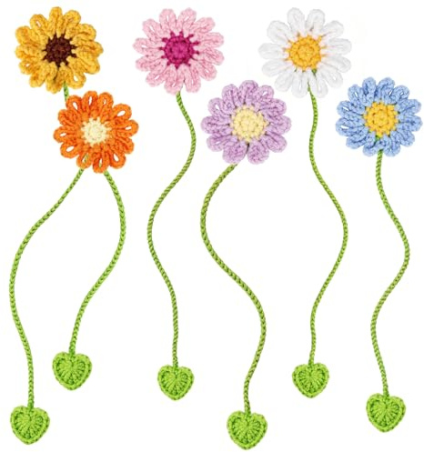 MWOOT 6 Stück Gehäkelte Blumen Lesezeichen, Gänseblümchen Sonnenblumen Lesezeichen für Frauen, Handgefertigte Gestrickte Lesezeichens zum Lesen, Geschenke für Bücherliebhaber, Lehrer, Studenten