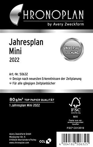 Chronoplan 50632 Kalendereinlage 2022, Jahresplan Mini (79x125mm),Ersatzkalendarium, Universallochung, zum Aufklappen (mit Leporello Falzung), weiß