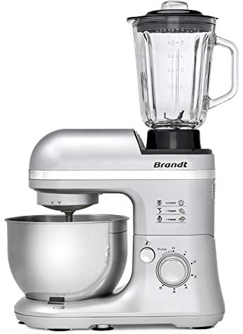 BRANDT - KM650BS - Robot Pâtissier Compact Multifonction 650 W - Rapide avec 6 vitesses + fonction PULSE - Fourni avec Fouet, Crochet, Pétrisseur, Batteur - Capacité du bol 4L – Gris