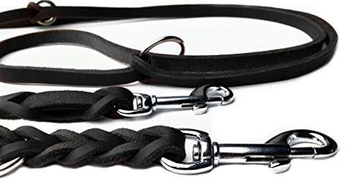 Fettleder Führleine schwarz geflochten, Chrom 2,40m, Hundeleine aus Leder (240cm x 12mm)