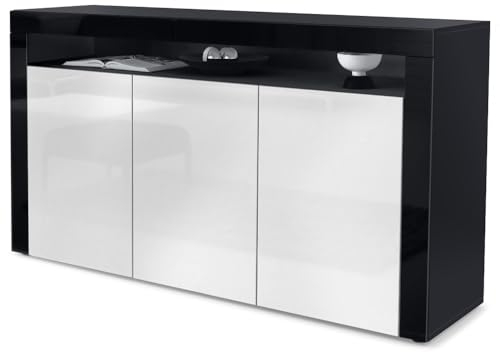 Vladon Sideboard Valencia, Made in Germany, Kommode mit 3 Türen und 1 offenem Fach, Schwarz matt/Weiß Hochglanz/Schwarz Hochglanz (155 x 92 x 40 cm)