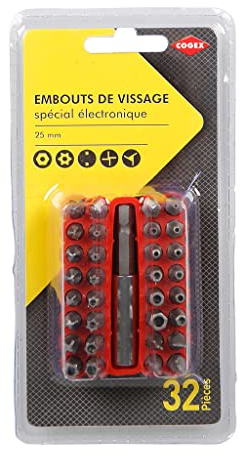 COGEX - Embouts de vissage 25mm - Spécial électronique - 32 pièces avec support et porte embout - Composition: 9 embouts étoiles percées, 12 hexagonaux percés, 3 Torq-set, 4 Tri-Wing et 4 fourches