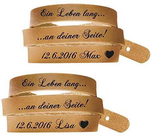 schenkYOU® 2er-Set Wickelarmbänder in Natur-Braun mit Gravur gestalten - Echt Lederarmbänder mit Ihrem Wunschtext graviert - Partnerschmuck als individuelle Geschenkidee für Muttertag