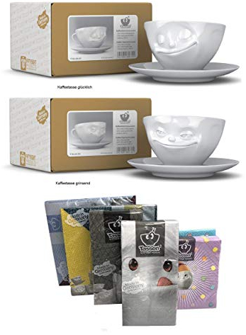 FIFTYEIGHT PRODUCTS Kaffeetassen 2er SET + Servietten, 200 ml, GLÜCKLICH+GRINSEND
