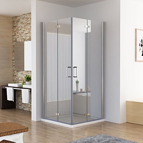 Duschkabine Eckeinstieg Dusche Falttür 180º Duschwand Duschabtrennung NANO Glas (90x90x197cm / mit Duschtasse)