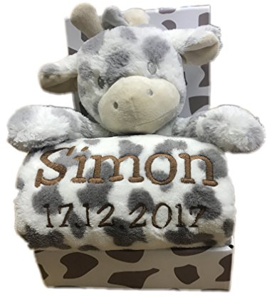 KIDDI-MEDIA Babydecke mit Name & Geburtsdatum Bestickt inkl. Plüsch Stofftier - Geschenk Taufe Geburt/CE-Zertifizierung (Grau/Weiss - Giraffe)