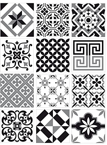 Stickers carreaux de ciment Noir, Gris, Blanc. Planche 12 carreaux ciment adhésifs GREYBLACK Stickers décoratifs. Autocollant mural - GREYBLACK - Dimensions d'un Sticker : 10 x 10 cm