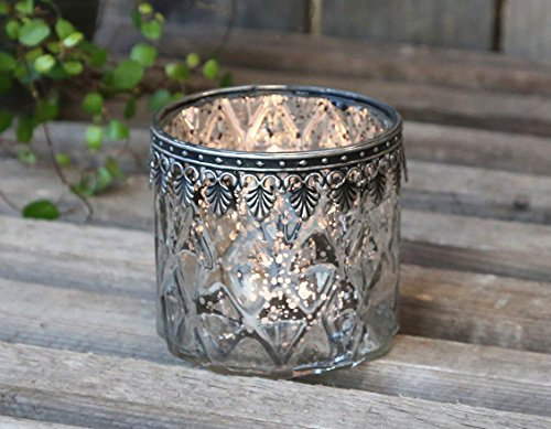 Chic Antique Teelichthalter Windlicht Kerzenglas groß Glas Bauernsilber Deko Landhaus Nostalgie Shabby French