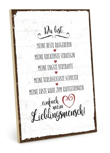 TypeStoff Holzschild mit Spruch – DU BIST MEIN LIEBLINGSMENSCH – im Vintage-Look mit Zitat als Geschenk und Dekoration zum Thema Freundschaft, Vertrauen und Geborgenhei - HS-00304