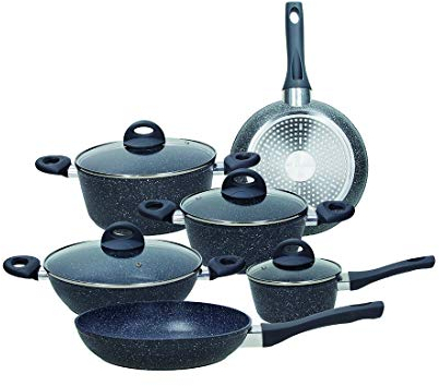 Tognana Black Opal, Batteria di pentole e padelle, Set con 2 padelle, 3 casseruole, 1 tegame, 4 coperchi, 10 Pezzi, Alluminio, Nero