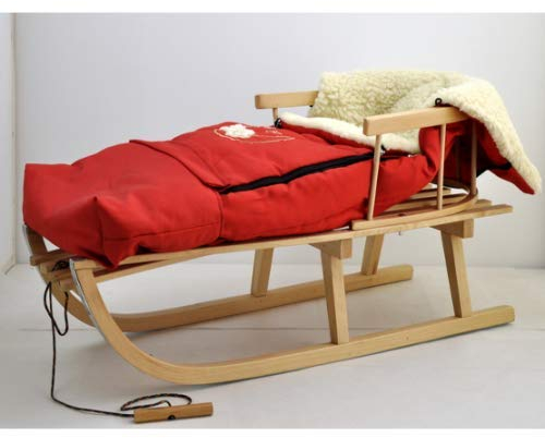 Holzschlitten Kinderschlitten aus Buchenholz Rückenlehne inkl. Zugseil + Winterfußsack Schlittensack Fußsack 40 x 90/110 cm Schlitten Metallkufen (Rot)