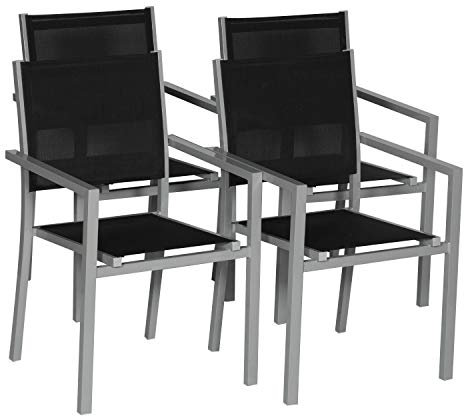 Happy Garden Lot de 4 chaises empilables en Aluminium Gris et textilène Noir