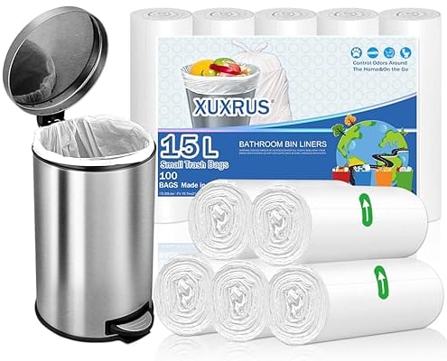 XUXRUS Bin Bags 15L Small Pedal Bin Liners 100 Counts Waste Bin Bags 4 Gallon Trash Bags for Kitchen Bathroom Office, Corn Starch Material