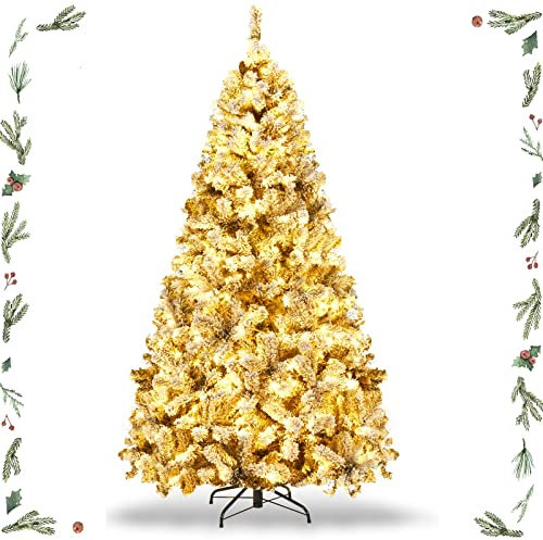 GYMAX Albero di Natale Automatico Innevato 180 cm, 250 LED Incorporate, Luce Calda Bianca, 600 Rami Folti in PVC, Base Pieghevole in Metallo, Cerniera Automatica, Divisibile da Montaggio e Trasporto