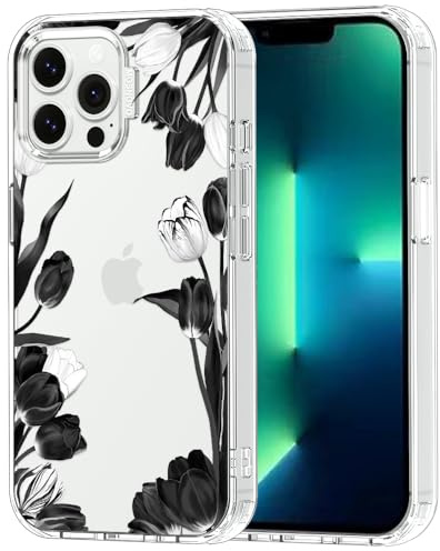 MOSNOVO Case for iPhone 13 Pro Max, [Buffertech 6.6ft Military-Grade Drop Protection] [Anti Peel Off Tech] Clear TPU Bumper Phone Case Cover Design - Black White Tulips