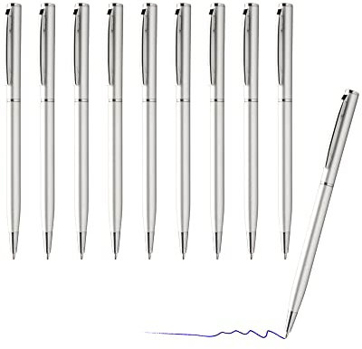 sin4sey 10er Set Kugelschreiber - schlankes Design - edler Aluminium Kugelschreiber (Silber)